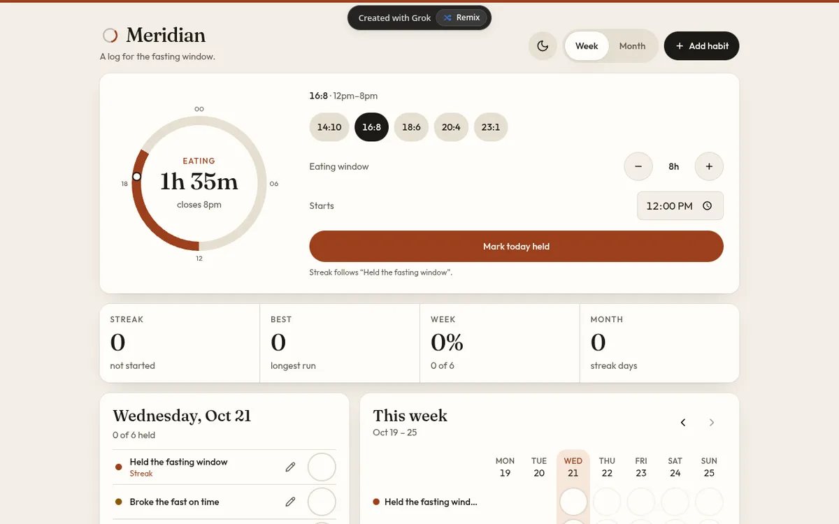 Meridian: Fasting Log screenshot: Log a daily fasting window and streak
