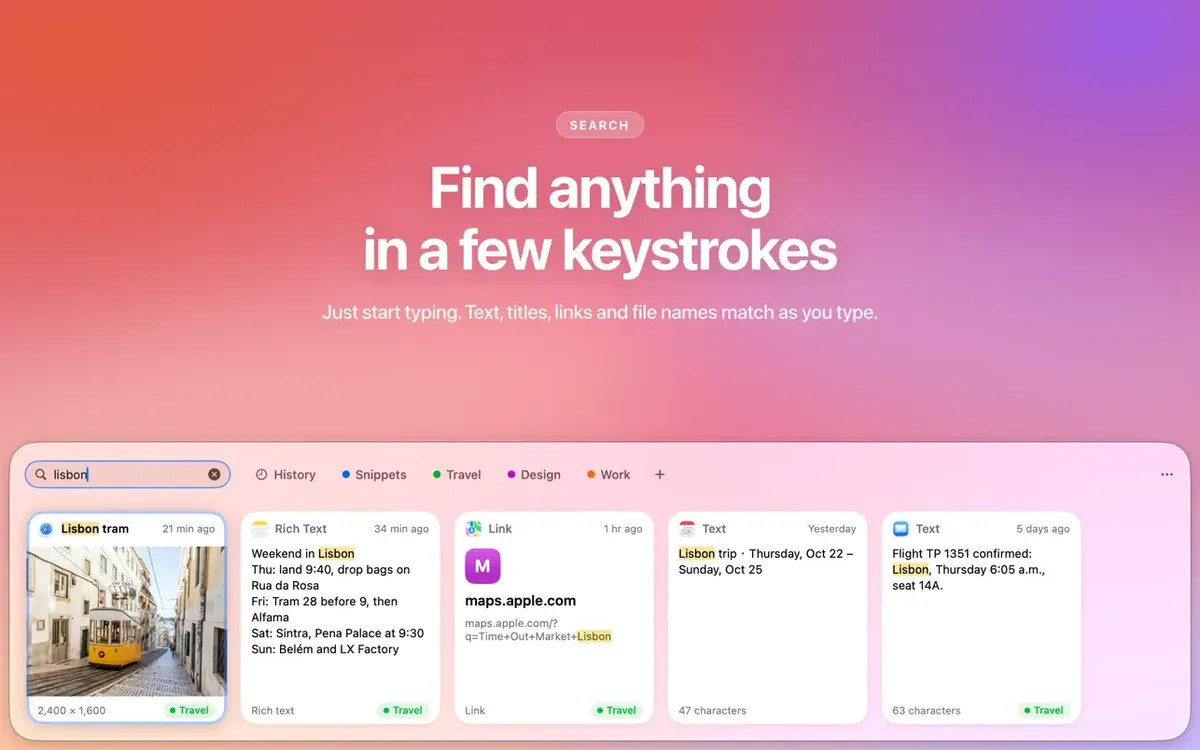 Pasting screenshot: Search everything copied on a Mac as cards