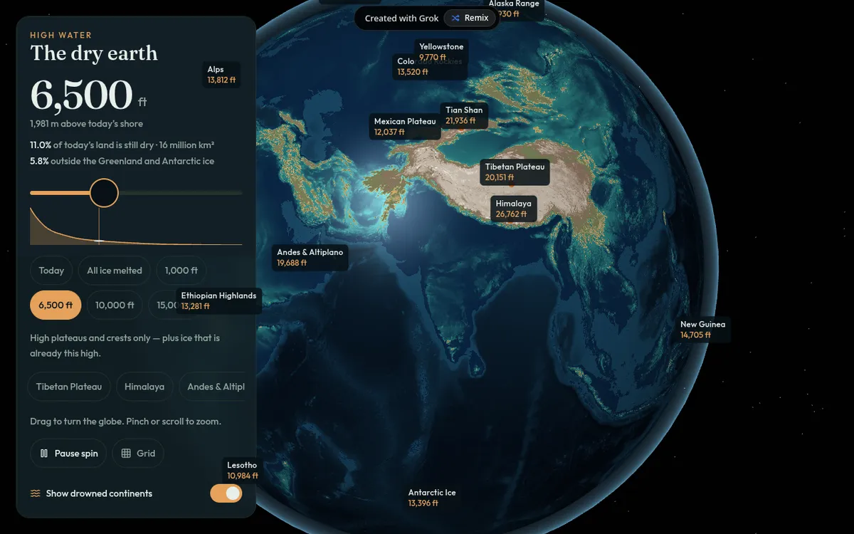 High Water screenshot: Explore a sea level rise map on a 3D globe