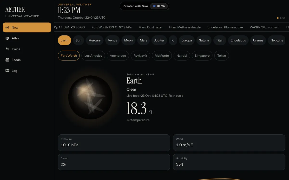 AETHER screenshot: Check live weather on Earth and across space