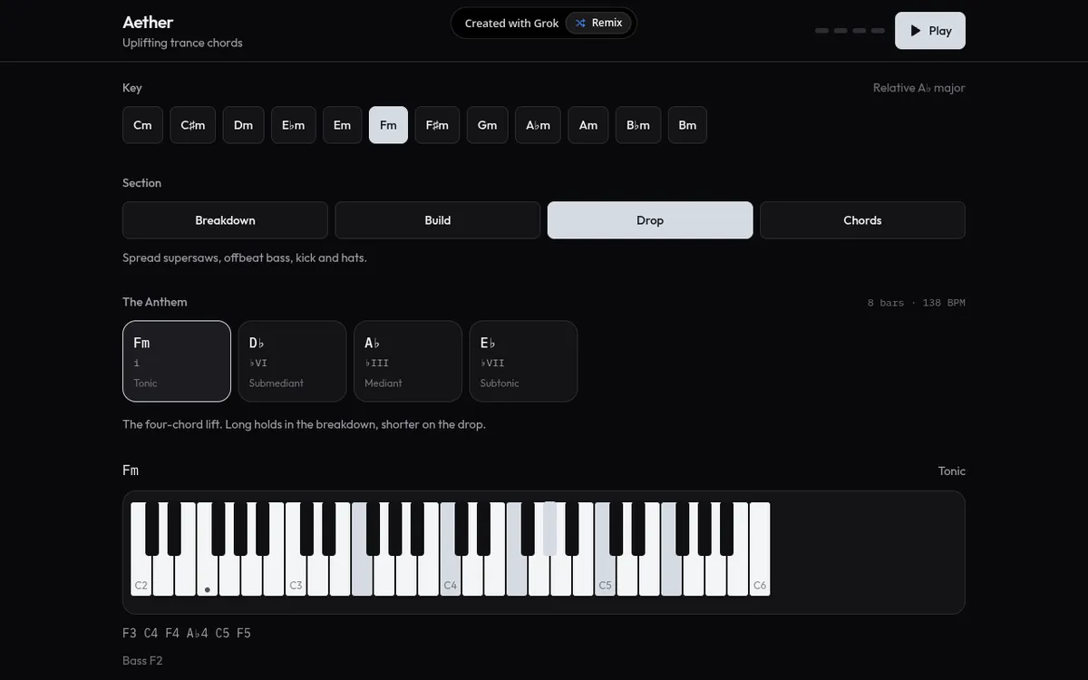 Aether screenshot: Build trance chord progressions with MIDI export