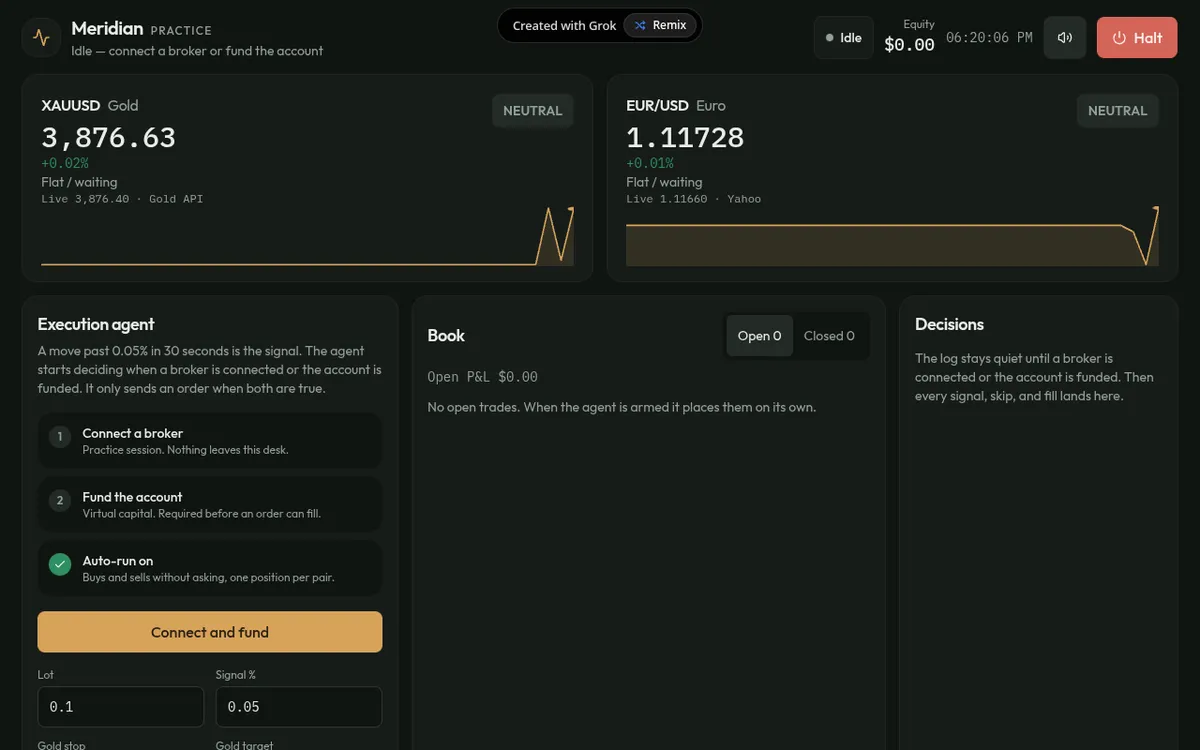 Meridian Practice screenshot: Practice in a forex trading simulator