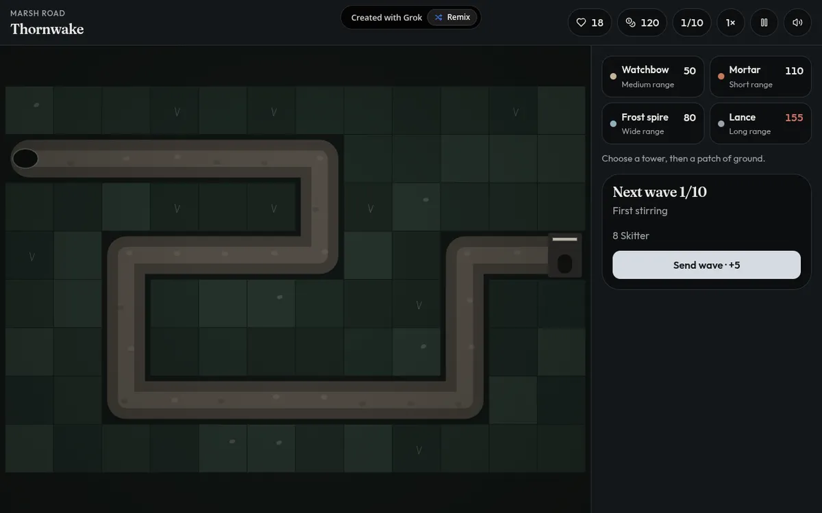 Thornwake screenshot: Hold the road in a tower defense browser game