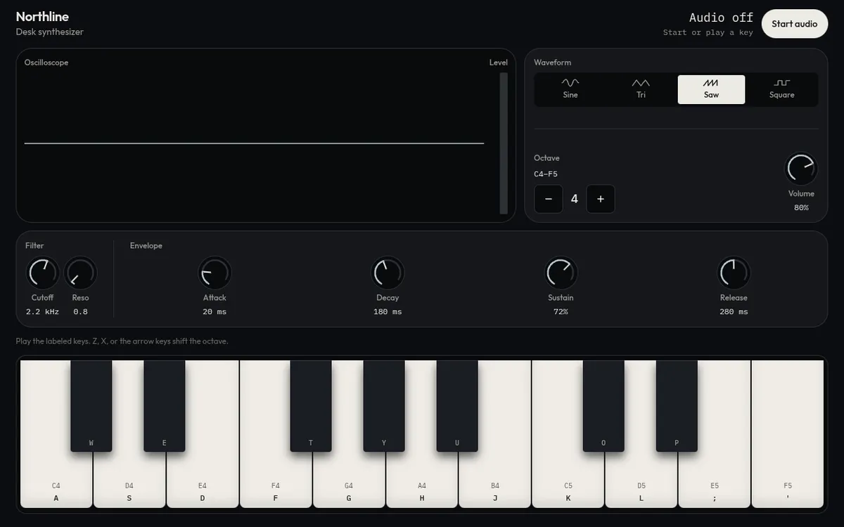 Northline screenshot: Play a polyphonic synth from your keyboard