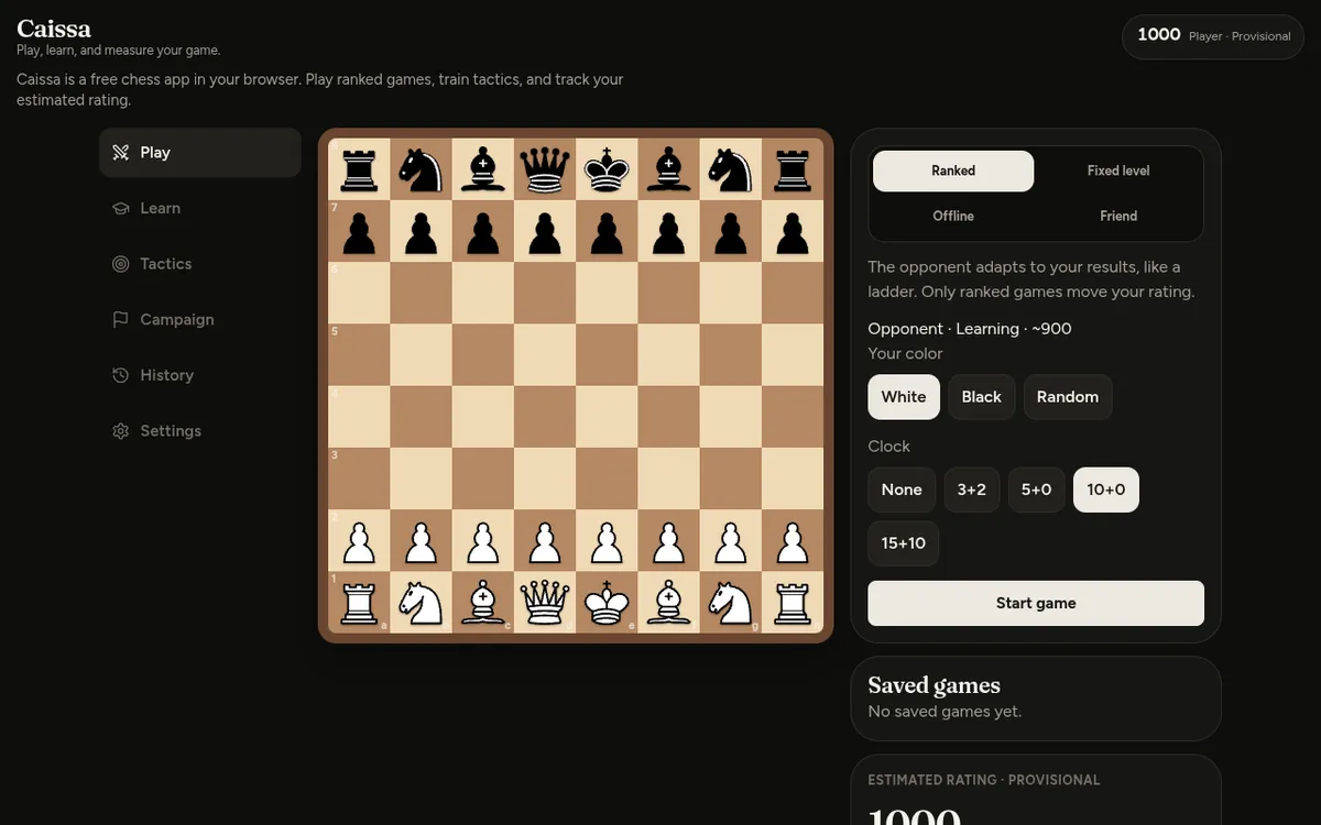 Caissa screenshot: Play ranked chess and track your estimated rating