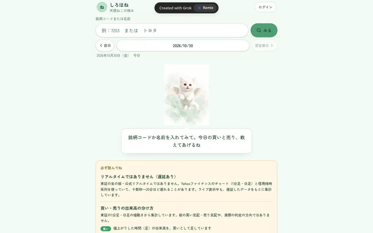 しろはね (Shirohane) screenshot: Read a Japanese stock chart with a cat