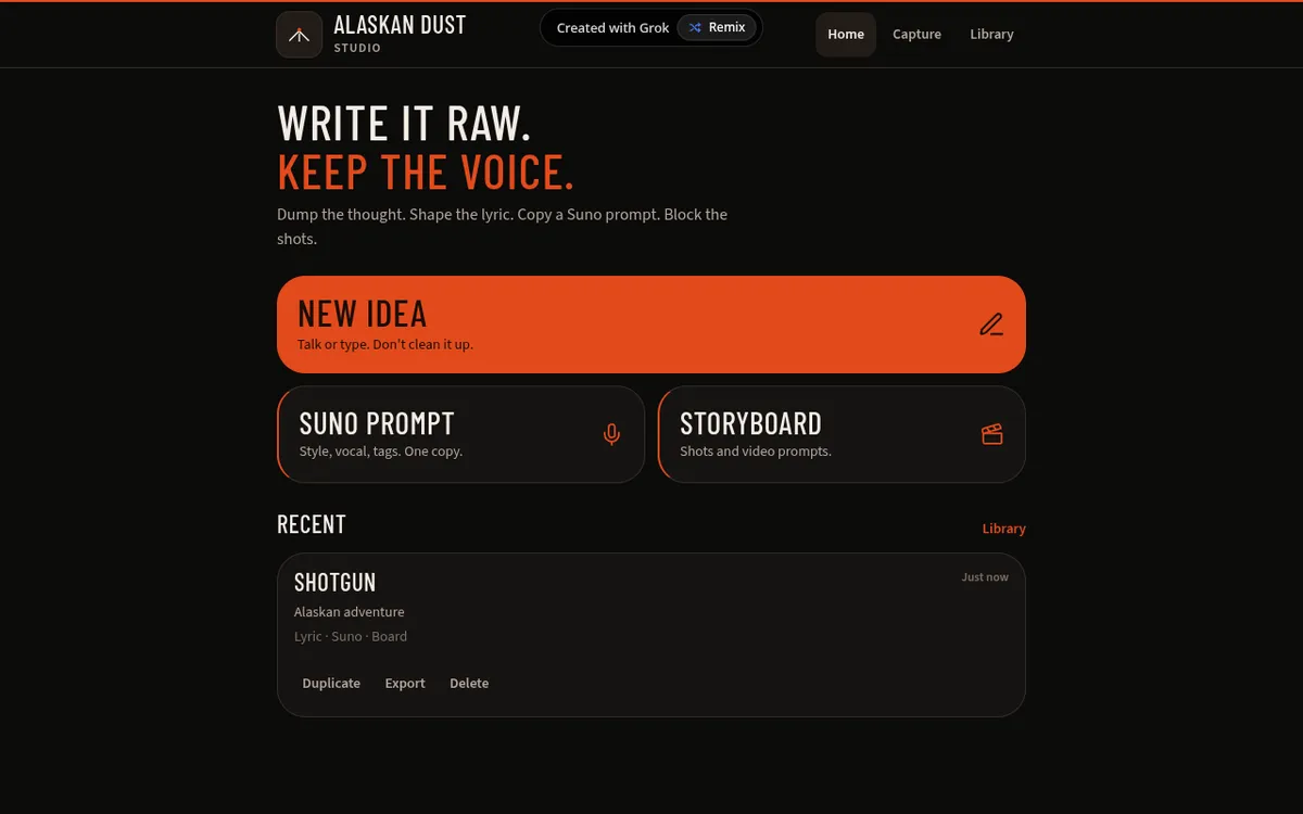 Alaskan Dust Studio screenshot: Keep lyrics and Suno prompts together