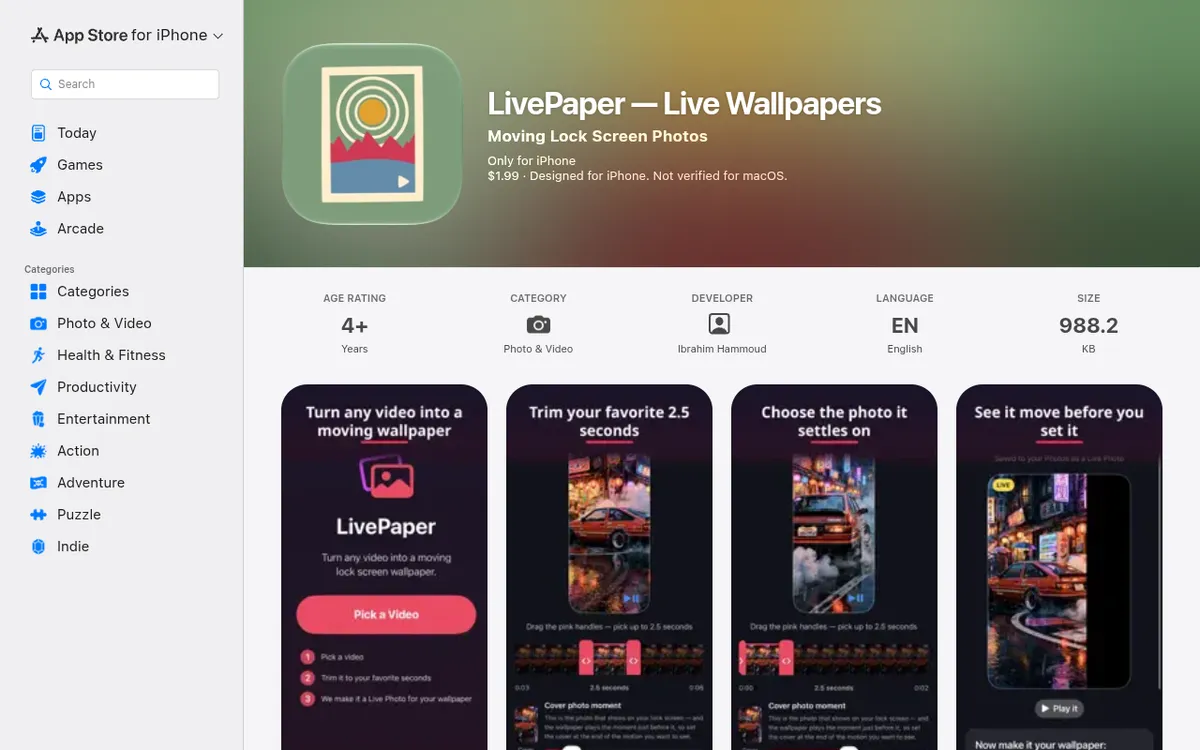 LivePaper screenshot: Turn a video clip into a moving Lock Screen