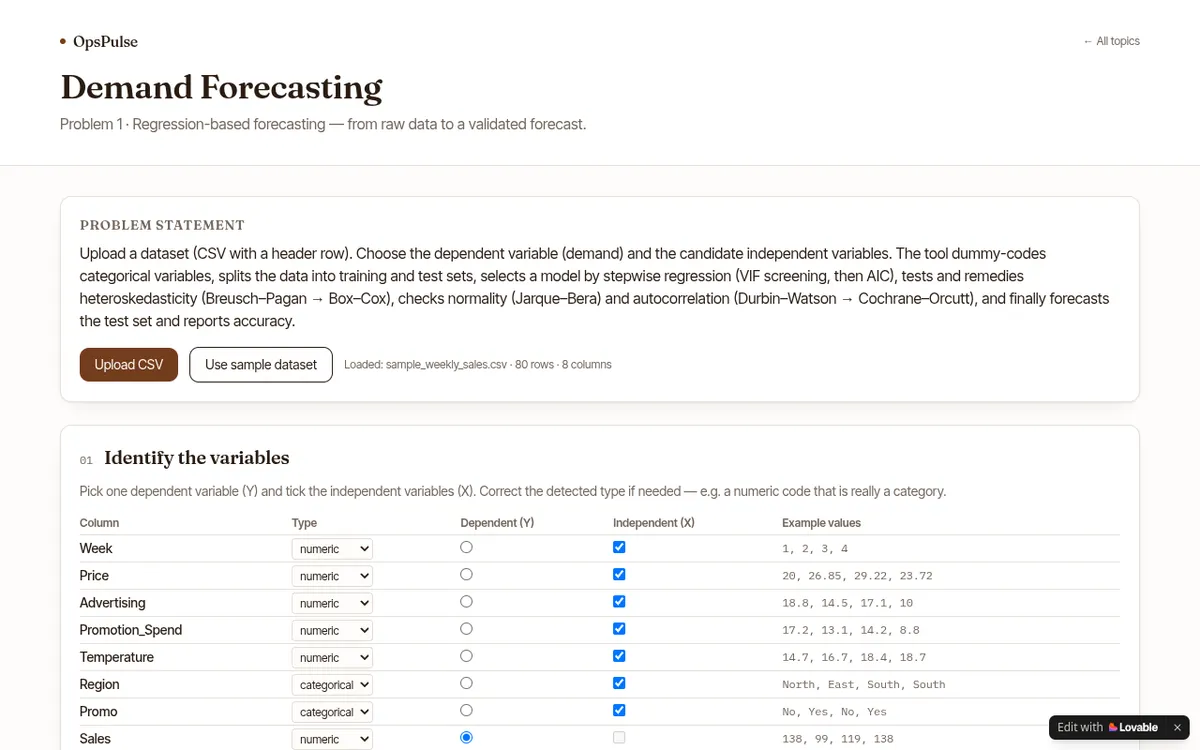 OpsPulse screenshot: Build a demand forecasting regression from CSV