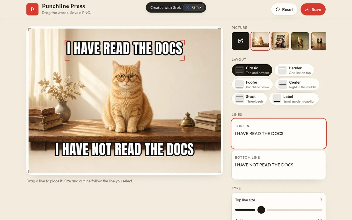 Punchline Press screenshot: Caption photos in a simple meme maker