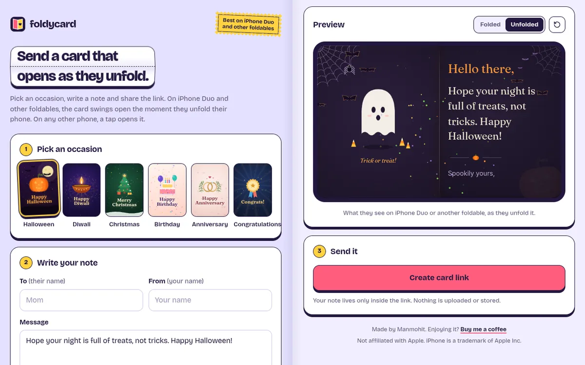 Foldycard screenshot: Send a card that opens as they unfold