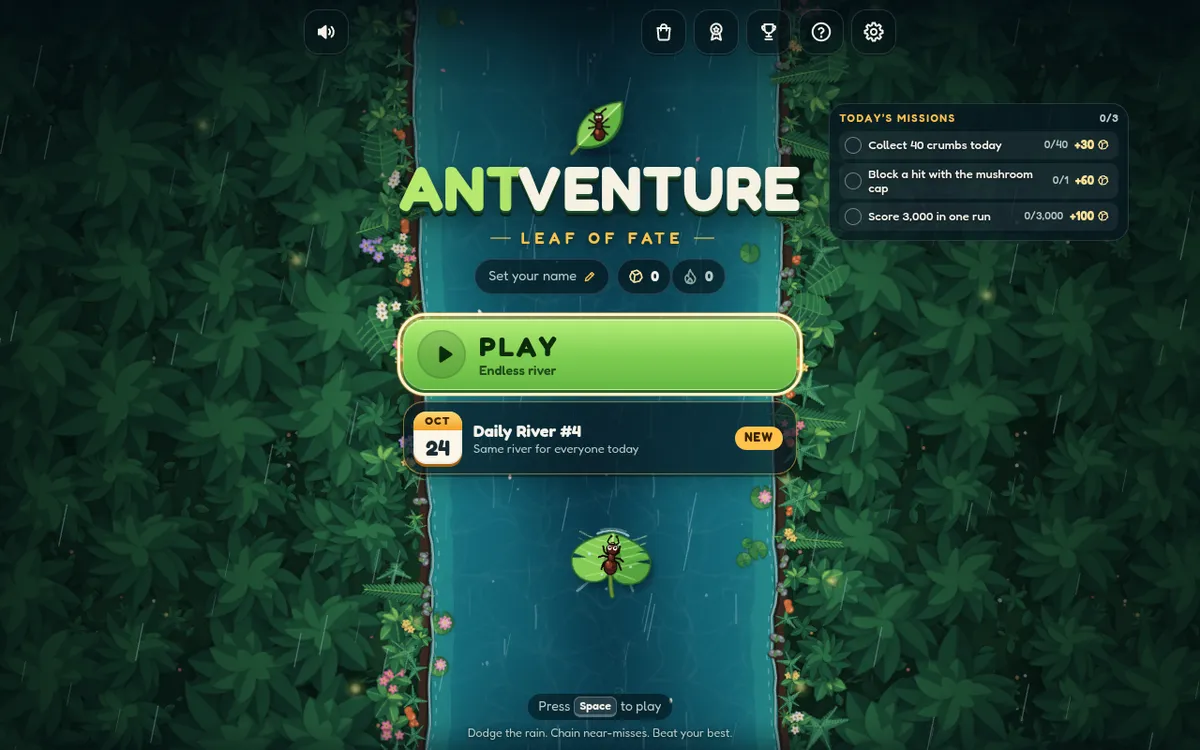 Antventure screenshot: Steer an ant on a leaf through stormy rain