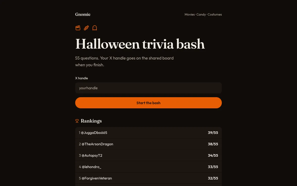 Gnomie's Halloween Trivia screenshot: Test your Halloween movie trivia
