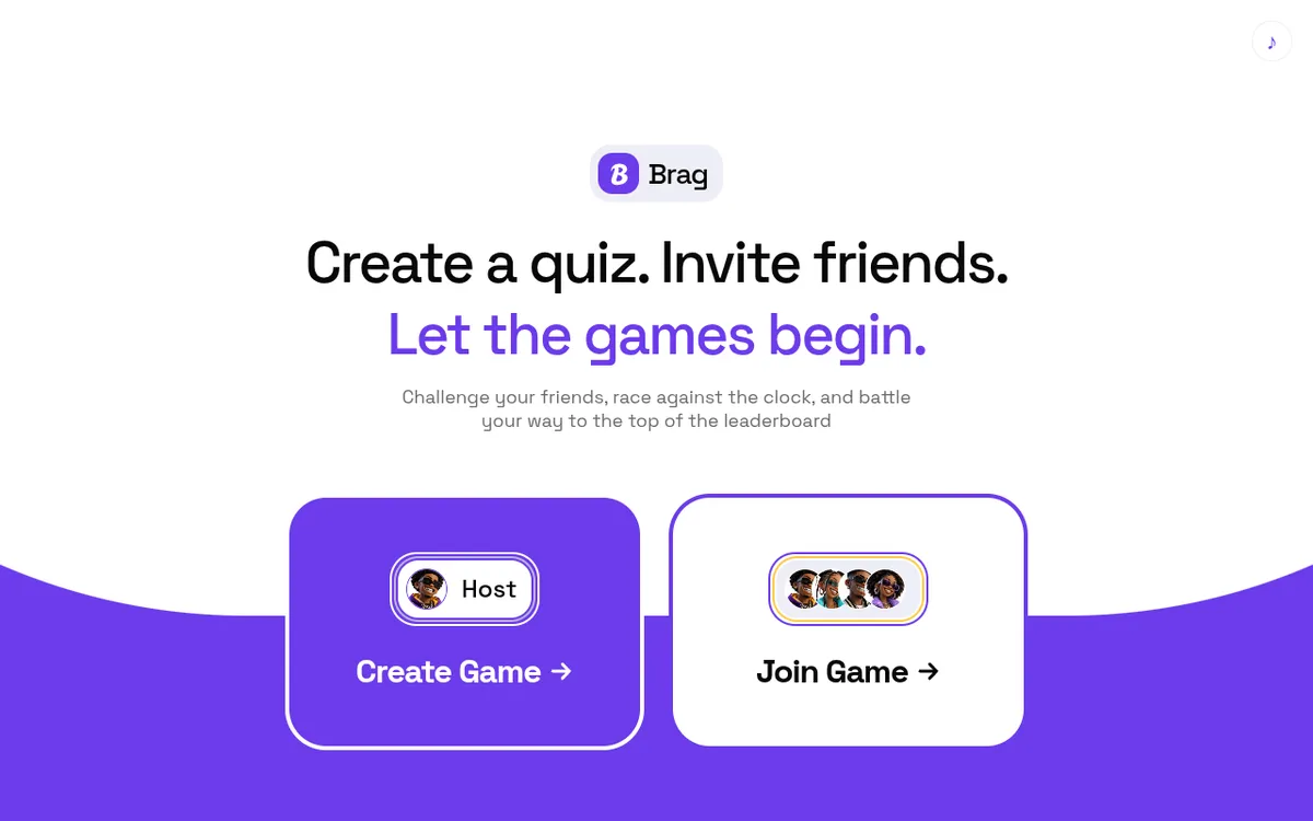Brag screenshot: Host a timed trivia quiz for your friends