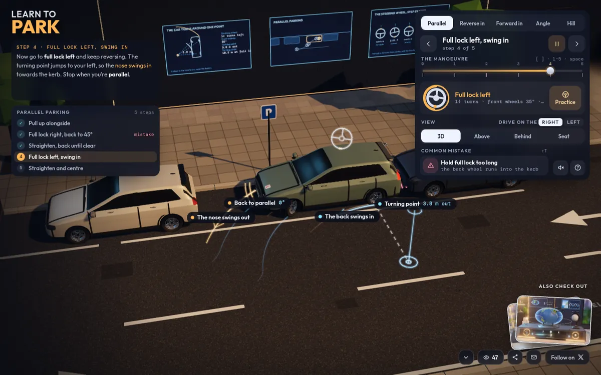 Learn to Park screenshot: Practice parallel parking step by step in 3D