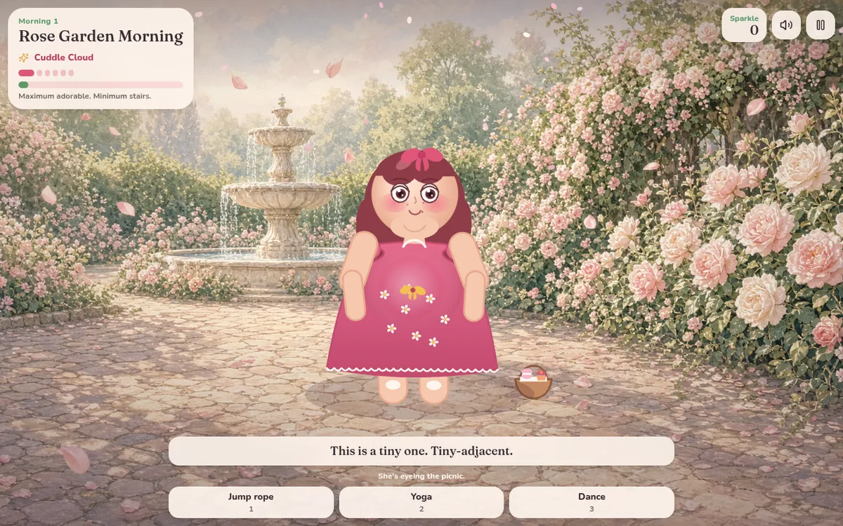 Bombshell Betty screenshot: Coach a snacky heroine in a workout game