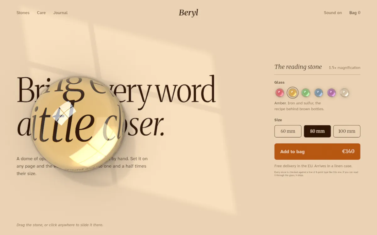 Beryl screenshot: Slide a magnifying glass effect across a page