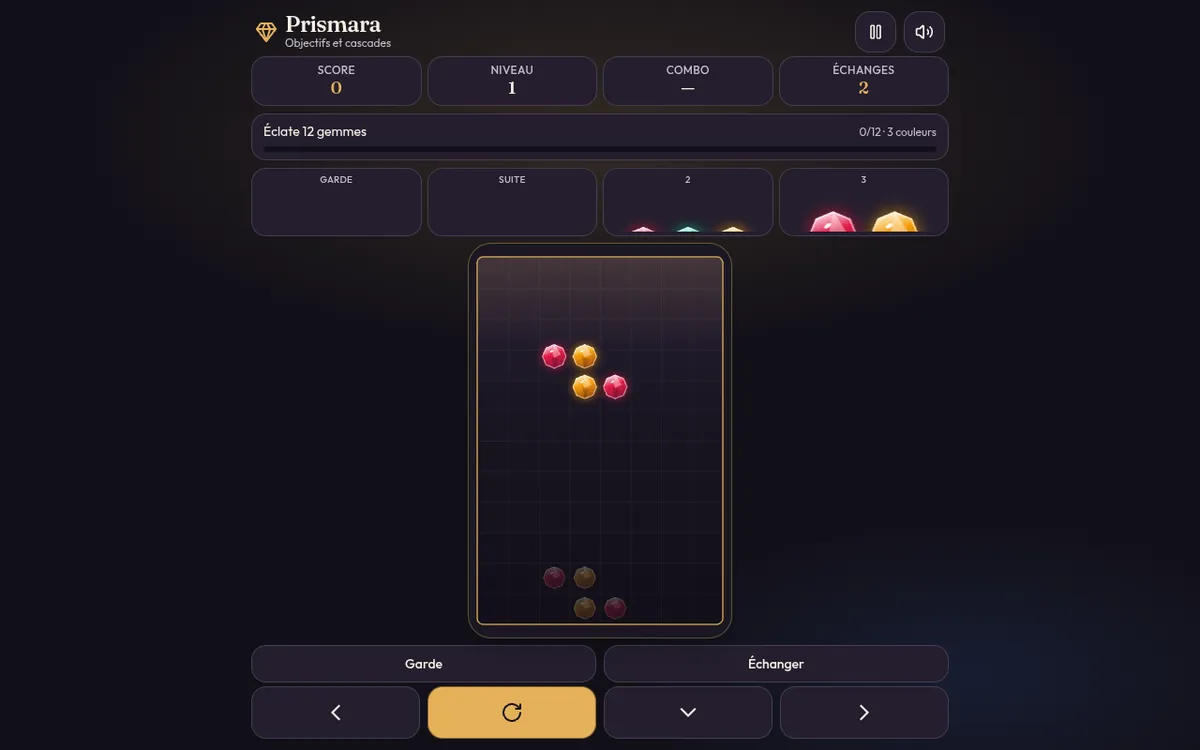 Prismara screenshot: Stack falling gems in a match 3 jewel game