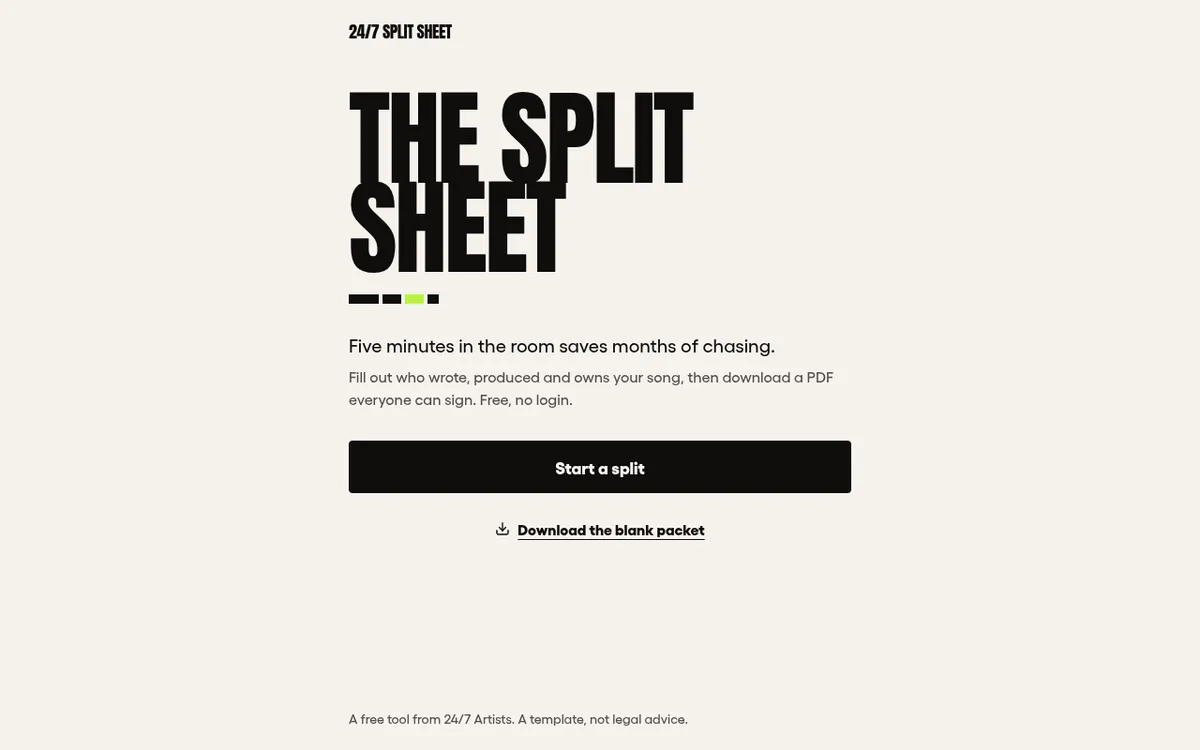 24/7 Split Sheet screenshot: Create a signable song split sheet PDF