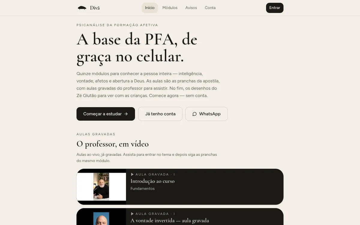 Divã screenshot: Study a free psychoanalysis course on your phone