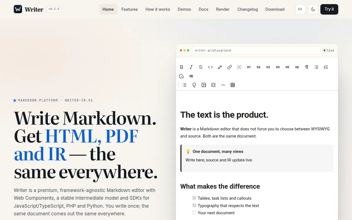 Writer screenshot: Write docs in a WYSIWYG Markdown editor