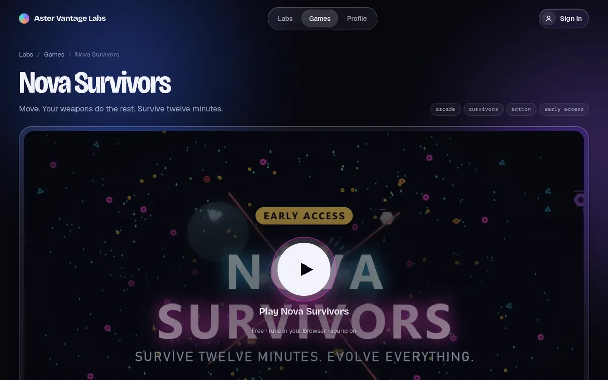 Nova Survivors screenshot: Dodge swarms in a bullet heaven browser game