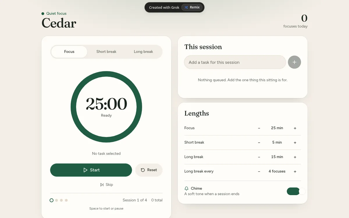 Cedar screenshot: Run calm Pomodoro focus sessions