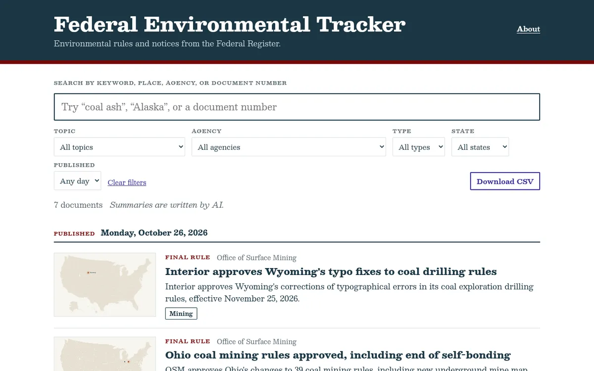Federal Environmental Tracker screenshot: Map Federal Register rules