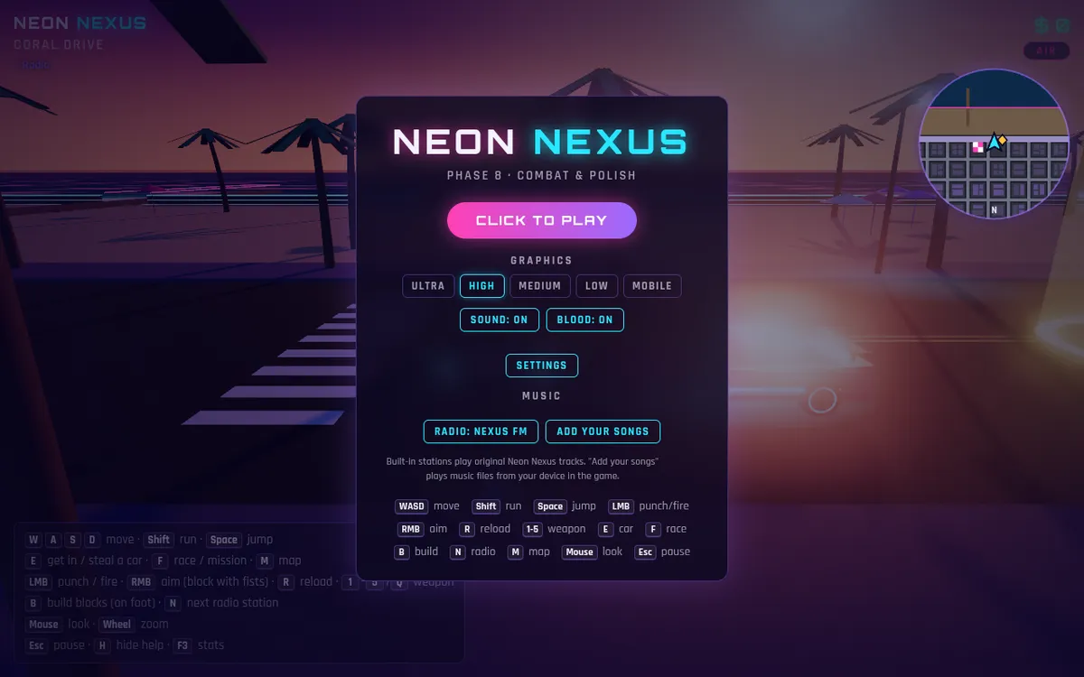 Neon Nexus screenshot: Drive a neon city in an open world browser game