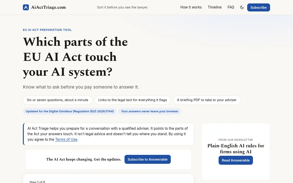 AI Act Triage screenshot: Check which EU AI Act rules touch your system