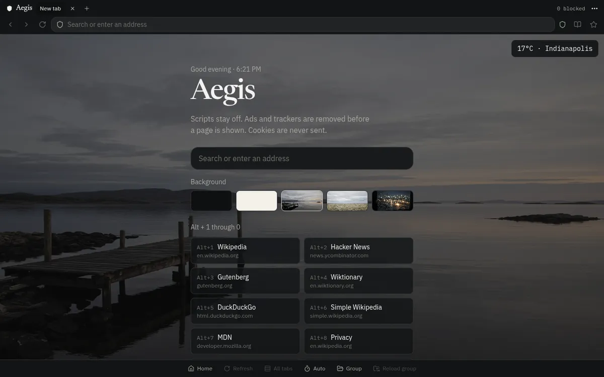 Aegis screenshot: Browse the web with scripts, ads and trackers off
