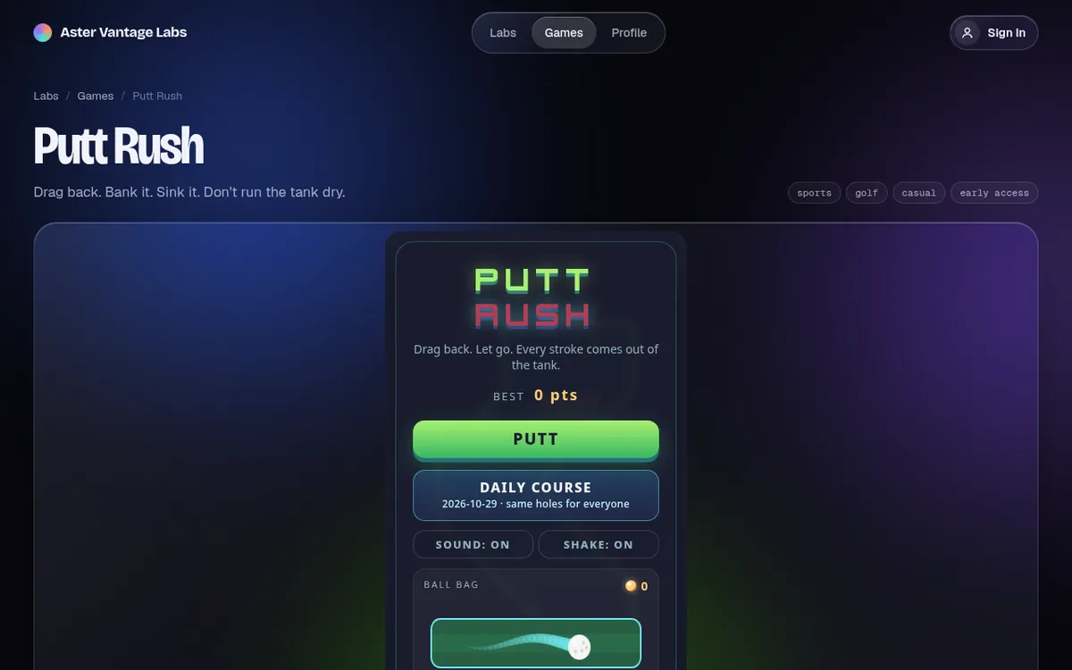 Putt Rush screenshot: Play an endless mini golf browser game