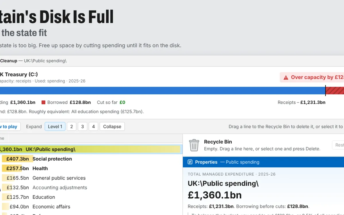 Britain's Disk Is Full screenshot: Cut costs in a UK budget simulator