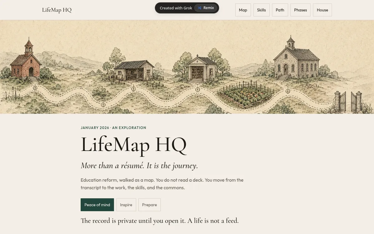 LifeMap HQ screenshot: Explore an education reform plan as a map