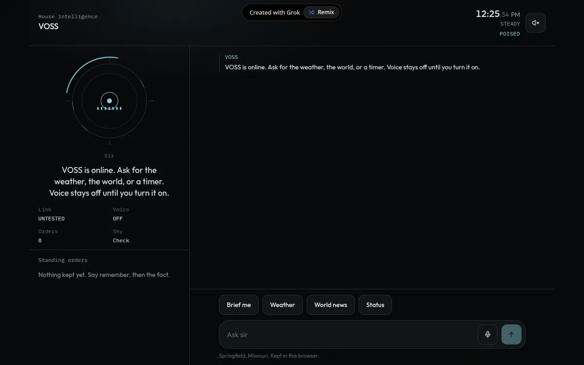 VOSS screenshot: Ask a butler-style assistant for weather and news