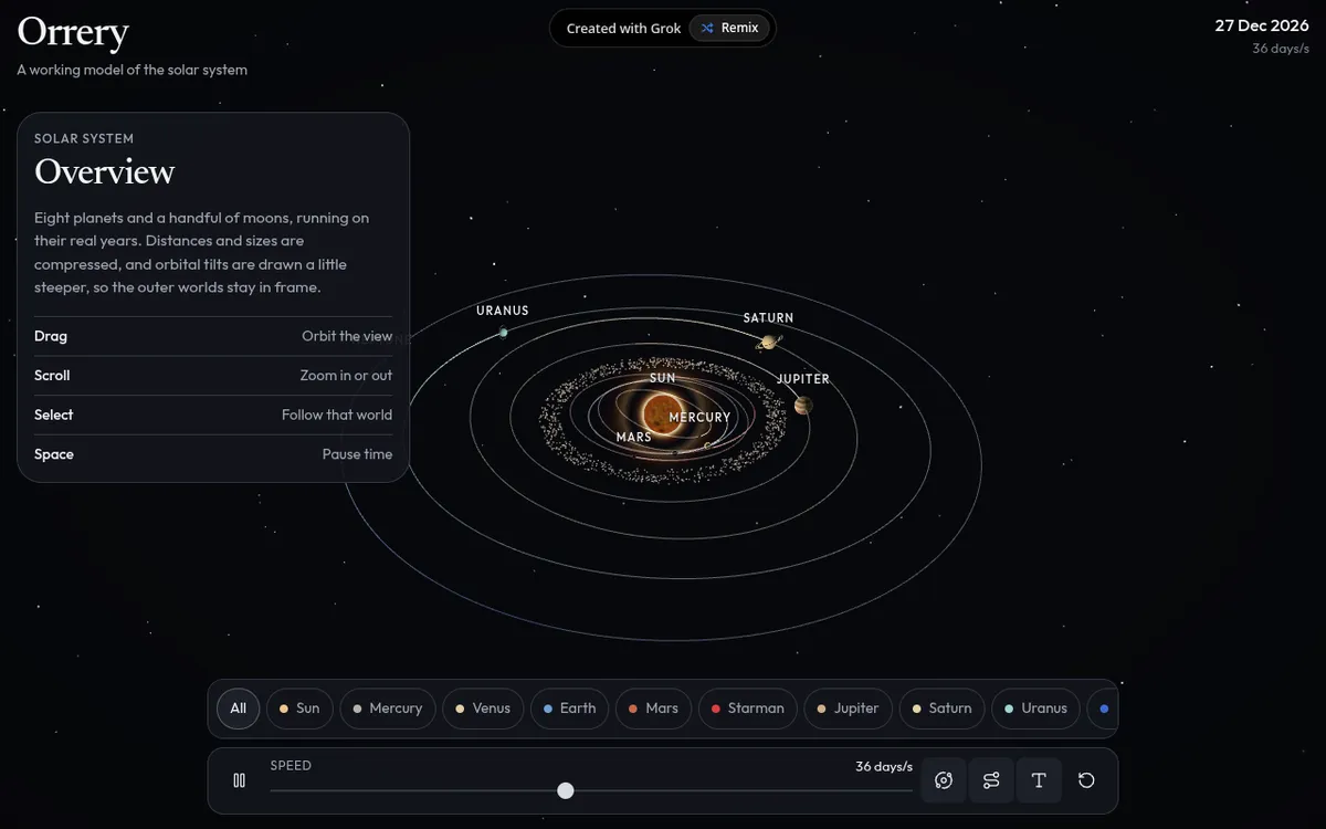 Orrery screenshot: Fly between planets in a solar system model